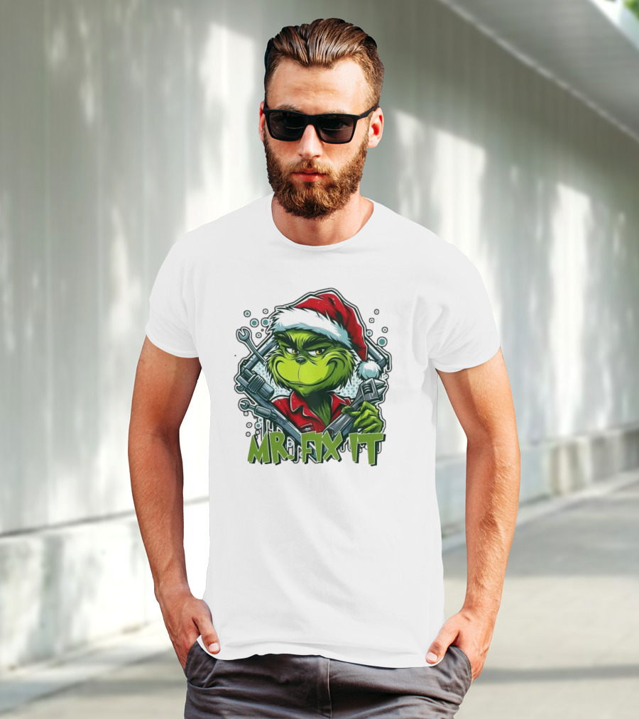 Mr. Fix It Grinch Merry Christmas Santa Hat Wrench Holiday T-Shirt