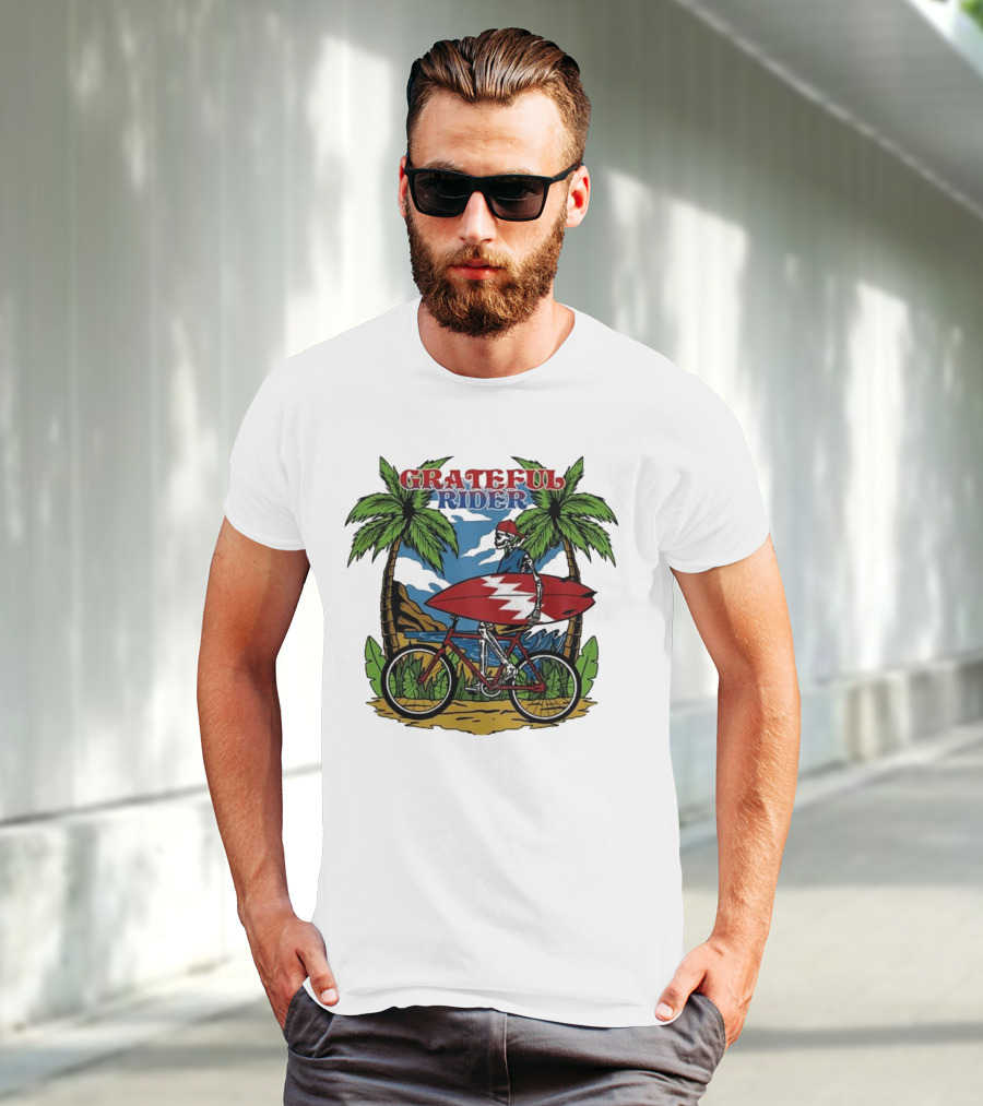 Grateful Rider Skeleton Beach Cruiser With Surfboard And Palm Trees T-Shirt