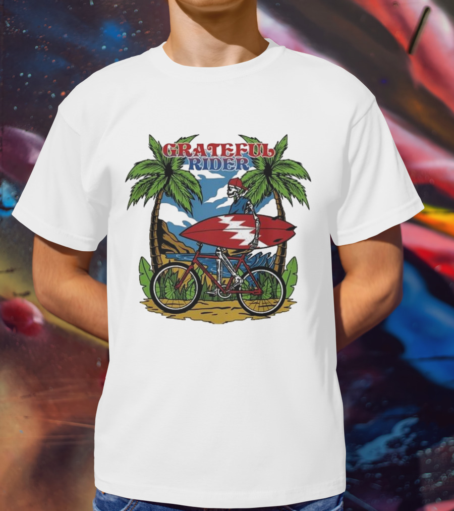 Grateful Rider Skeleton Beach Cruiser With Surfboard And Palm Trees T-Shirt