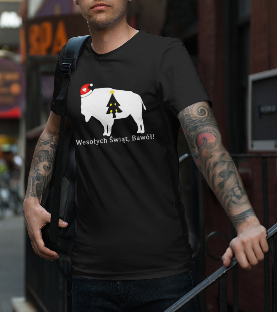 Merry Christmas Buffalo Wesolych Swiat Bawol Santa Hat Christmas Tree T-Shirt