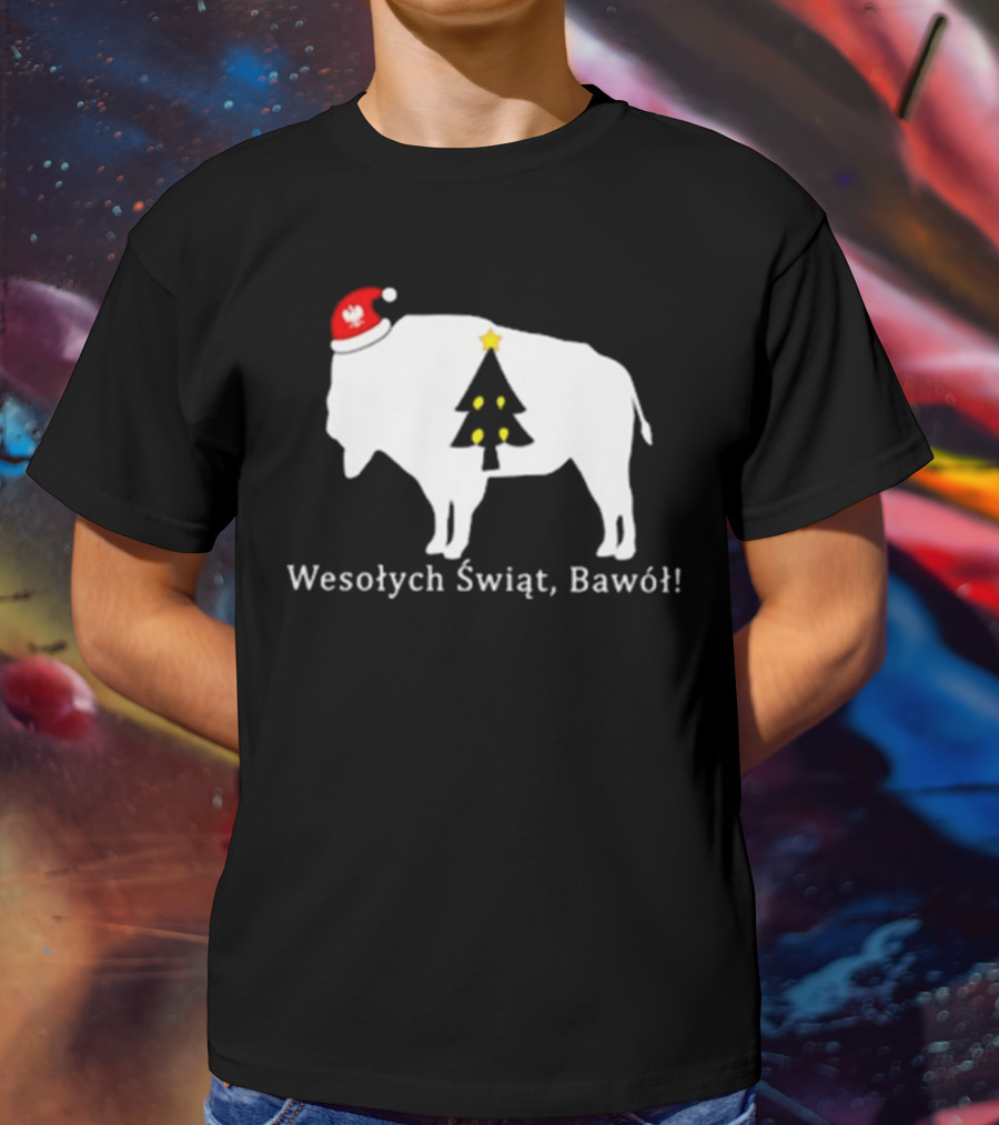 Merry Christmas Buffalo Wesolych Swiat Bawol Santa Hat Christmas Tree T-Shirt