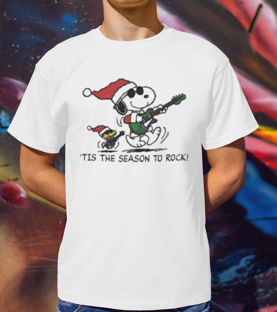 Peanuts Snoopy And Woodstock Christmas Tis The Season To Rock Santa Hat Guitar T-Shirt
