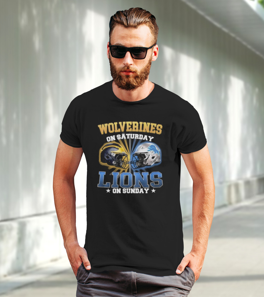 Wolverines On Saturday Lions On Sunday Football Helmets Showdown T-Shirt
