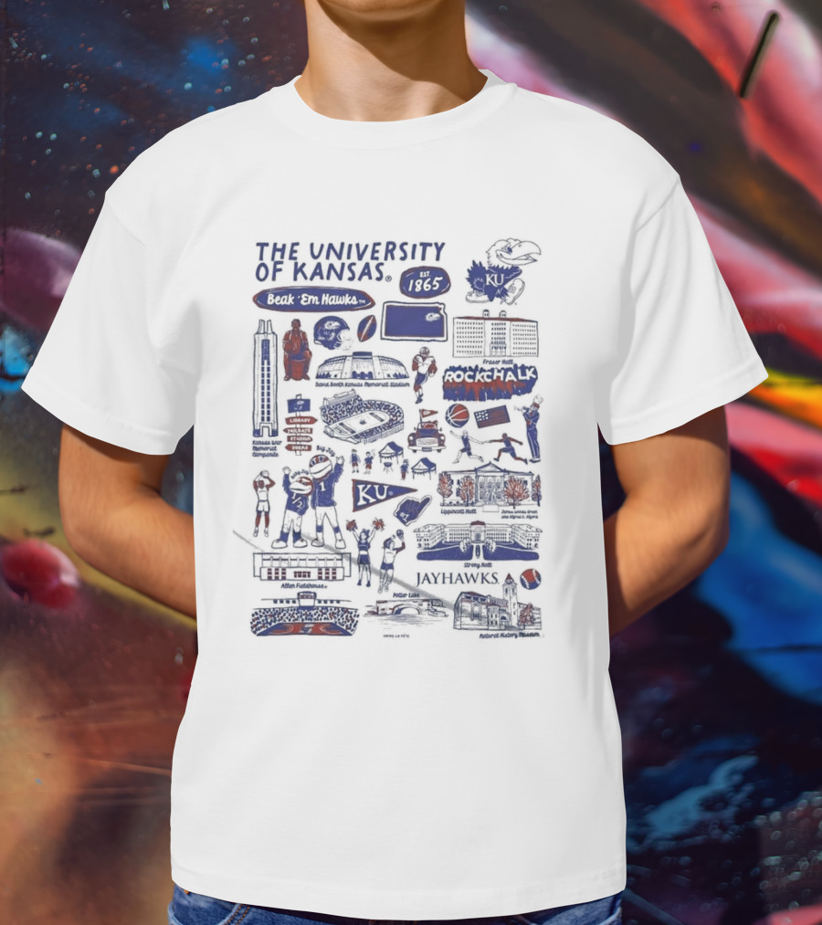 The University Of Kansas Est 1865 Beak 'Em Hawks Rock Chalk Jayhawks Allen Fieldhouse Memorial Stadium Jayhawk Blvd KU Icons And Sports T-Shirt
