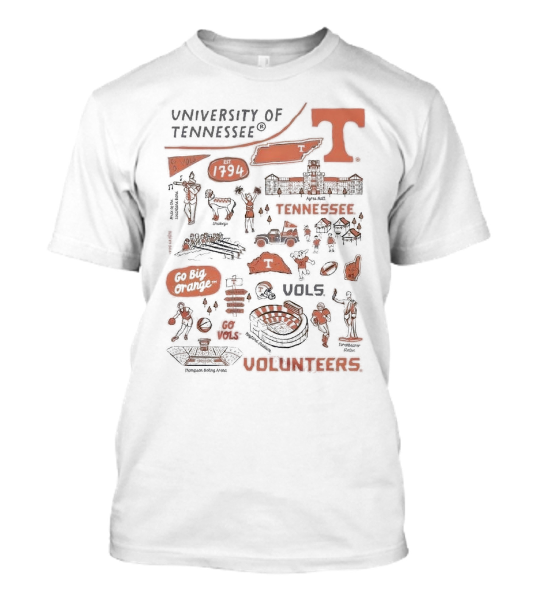 University Of Tennessee Go Big Orange Vols Volunteers Est 1794 Neyland Stadium Thompson Boiling Arena Knox County T-Shirt