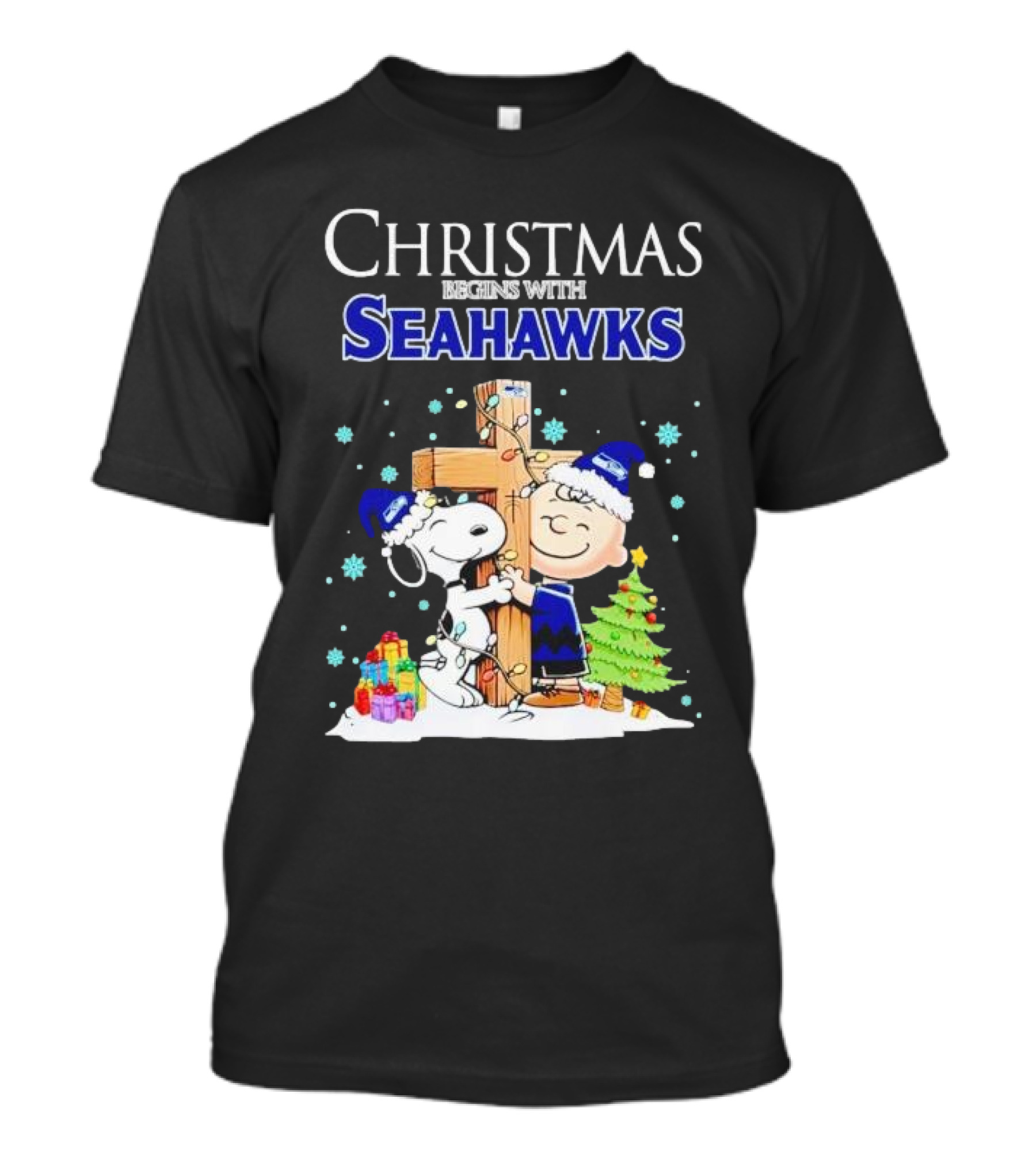 Christmas Begins With Seahawks Charlie Brown Snoopy Jesus Cross T-Shirt