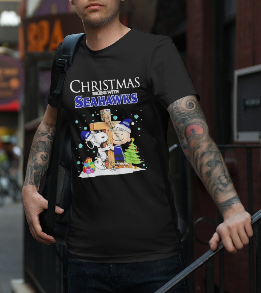 Christmas Begins With Seahawks Charlie Brown Snoopy Jesus Cross T-Shirt