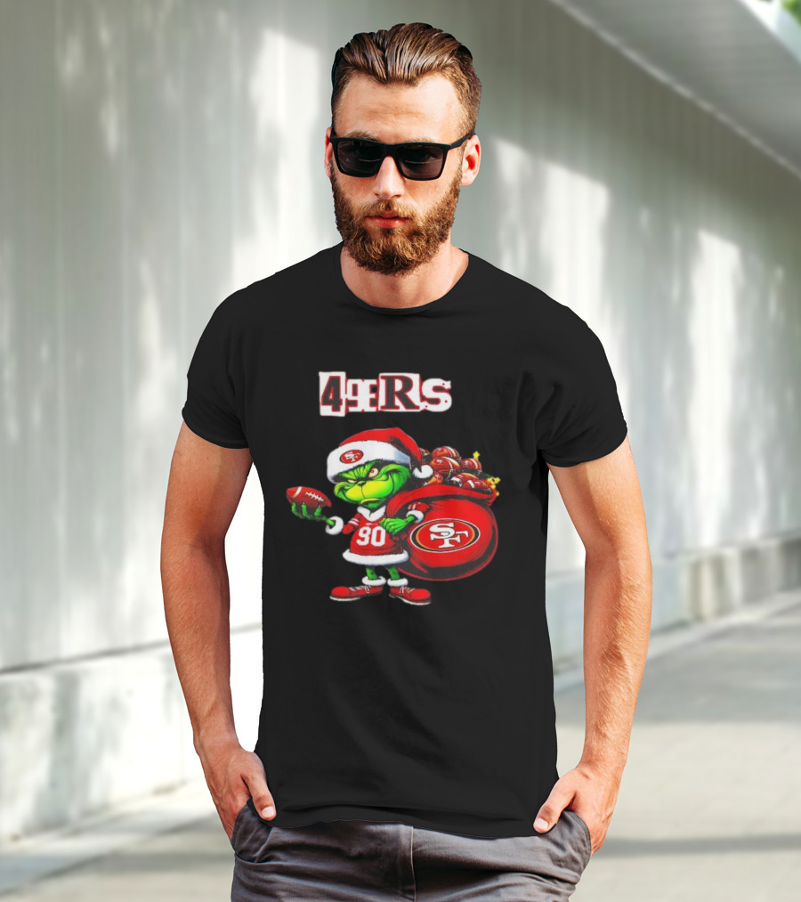 San Francisco 49ers Grinch With Santa Hat And Football Sack Christmas T-Shirt
