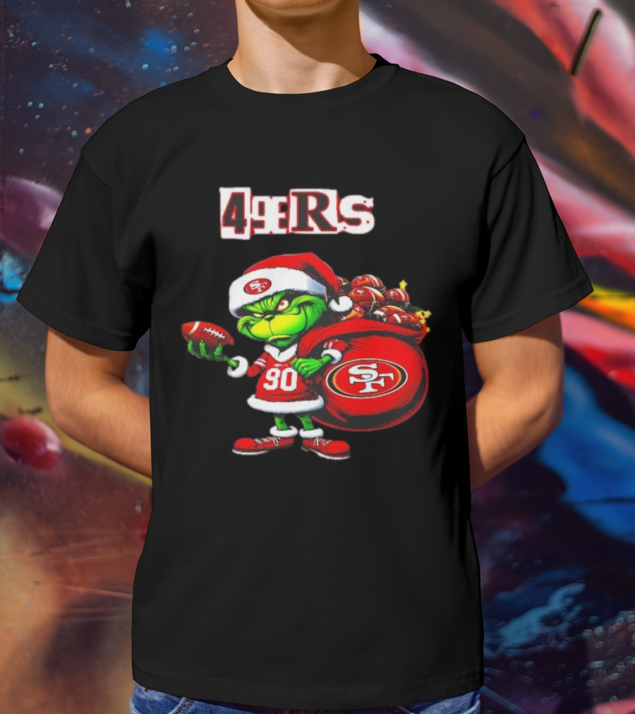 San Francisco 49ers Grinch With Santa Hat And Football Sack Christmas T-Shirt