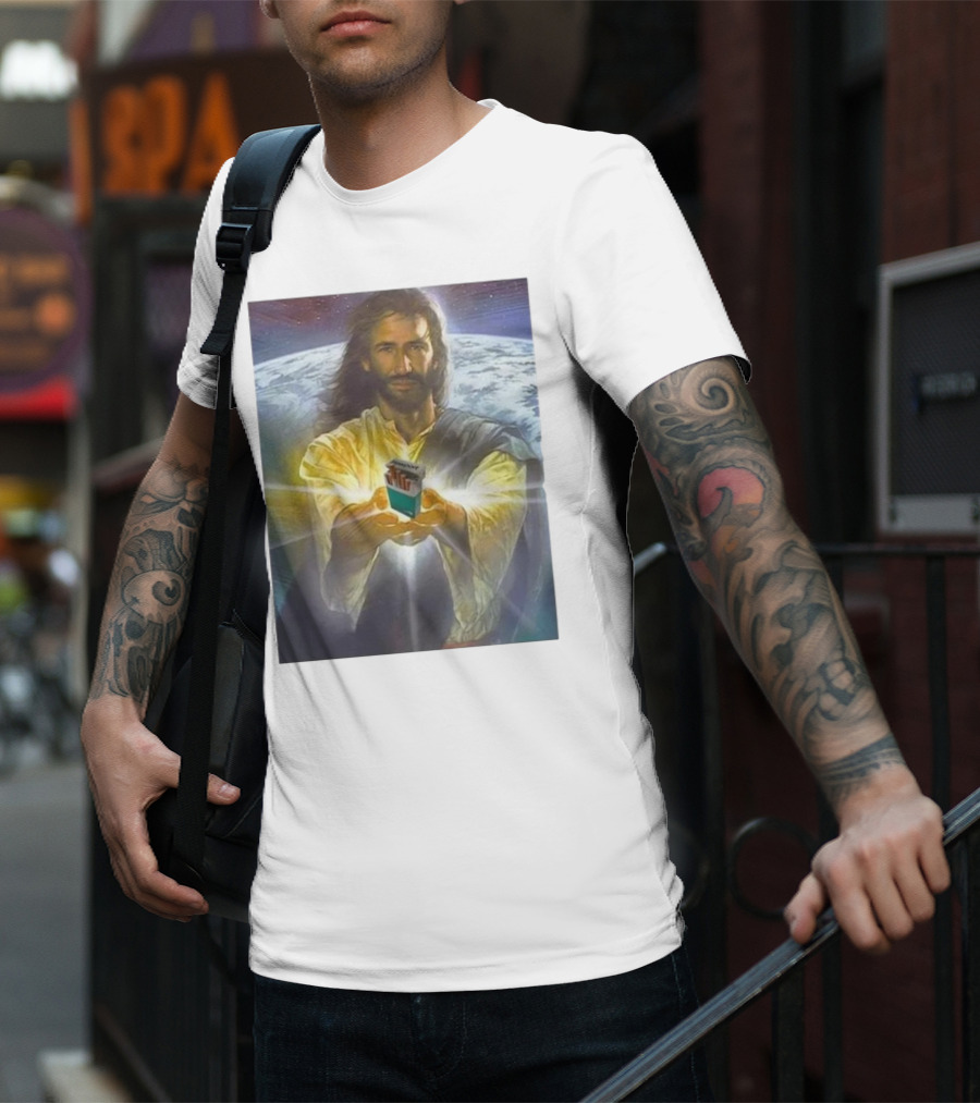 Jesus Offering Marlboro Cigarettes On Cosmic Background T-Shirt
