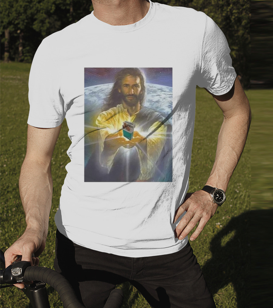 Jesus Offering Marlboro Cigarettes On Cosmic Background T-Shirt