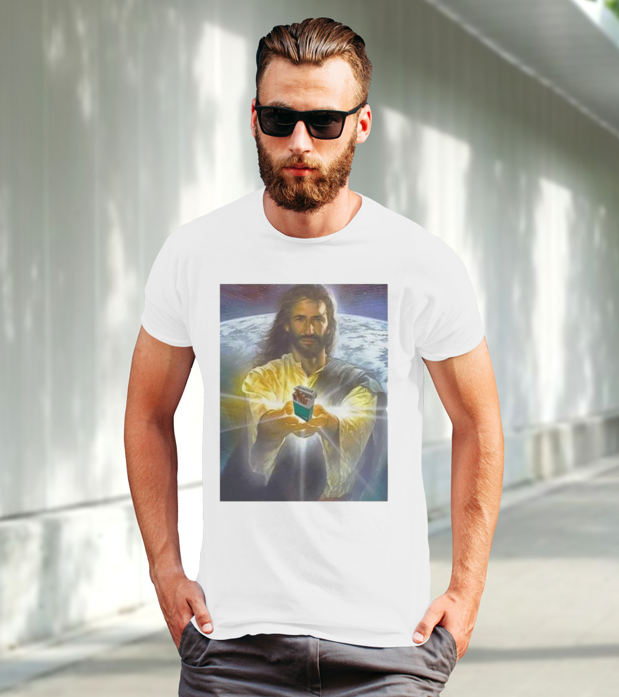 Jesus Offering Marlboro Cigarettes On Cosmic Background T-Shirt