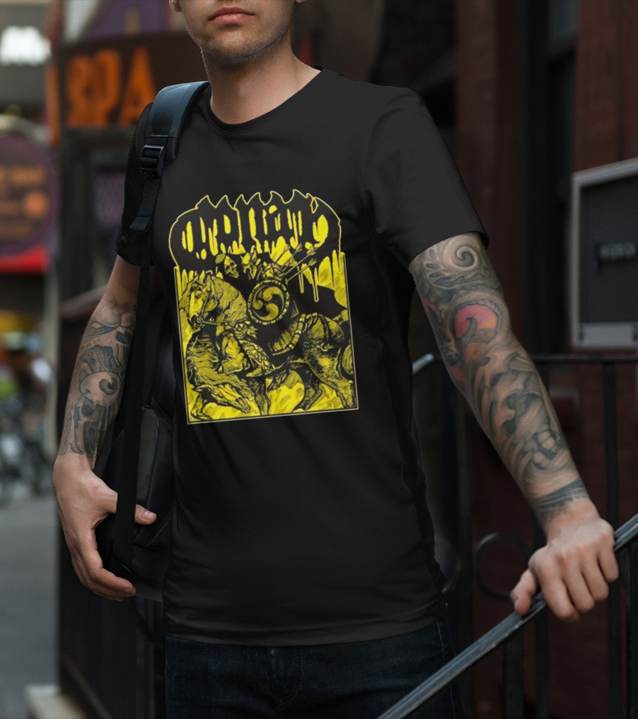 Conan Horseback Warrior With Shield And Hammer On Black And Yellow T-Shirt