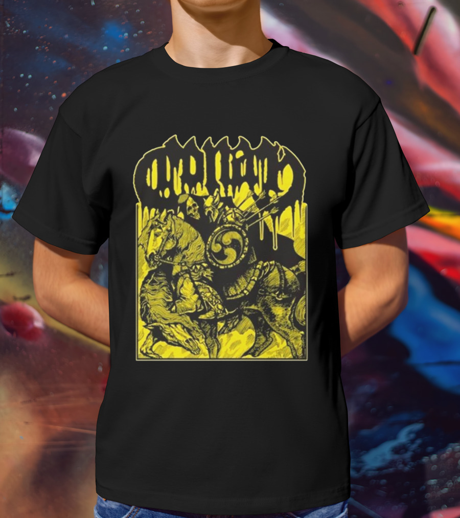 Conan Horseback Warrior With Shield And Hammer On Black And Yellow T-Shirt