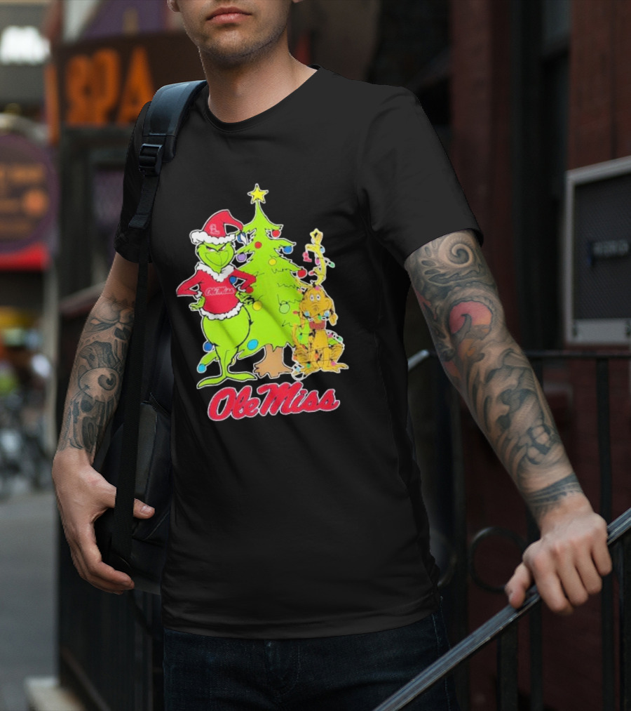 Ole Miss Rebels Grinch And Max Dog Christmas Tree T-Shirt