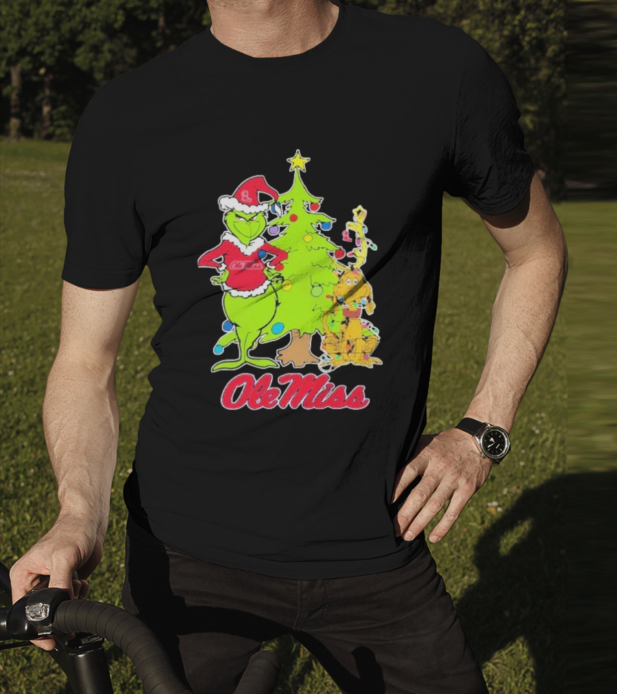 Ole Miss Rebels Grinch And Max Dog Christmas Tree T-Shirt