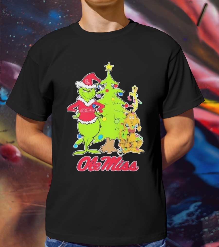 Ole Miss Rebels Grinch And Max Dog Christmas Tree T-Shirt