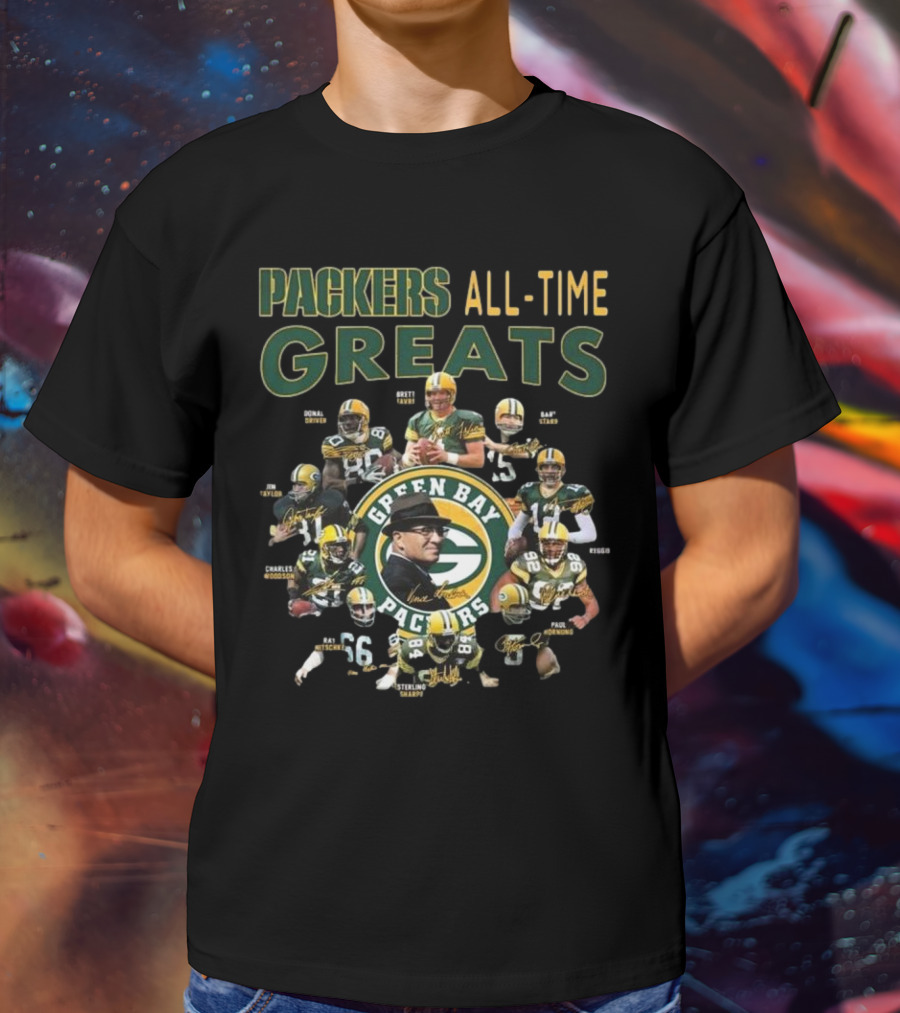 Packers All-Time Greats Green Bay Legends Signatures Brett Favre Bart Starr T-Shirt