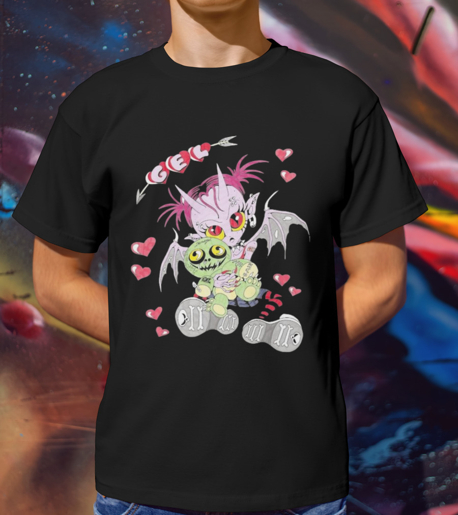 Gelhardcore Turbo Bat Creature Holding Plush Surrounded By Hearts T-Shirt