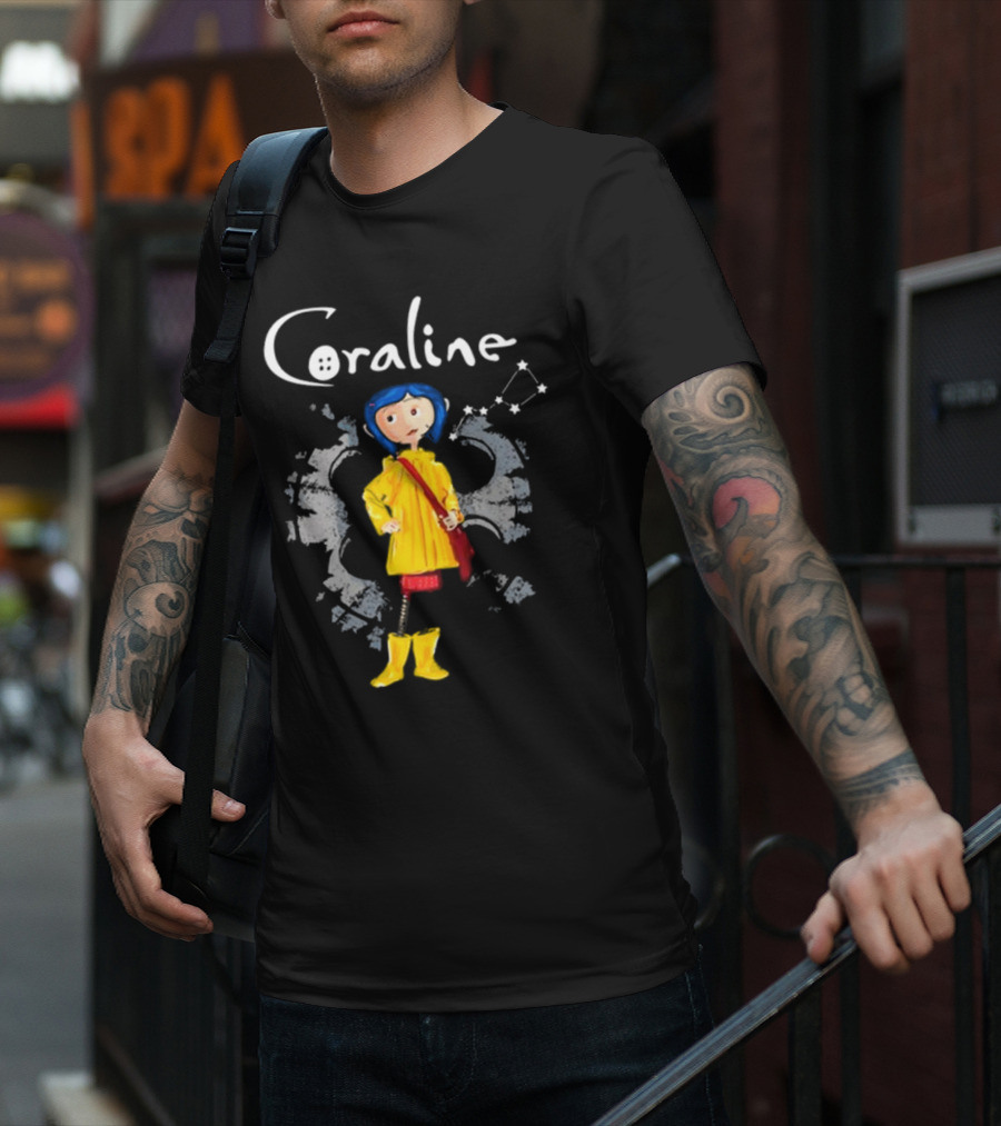Coraline Character In Yellow Coat With Button Eyes And Star Constellation Background T-Shirt