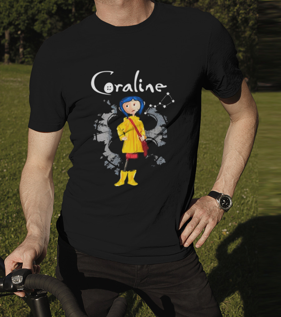 Coraline Character In Yellow Coat With Button Eyes And Star Constellation Background T-Shirt
