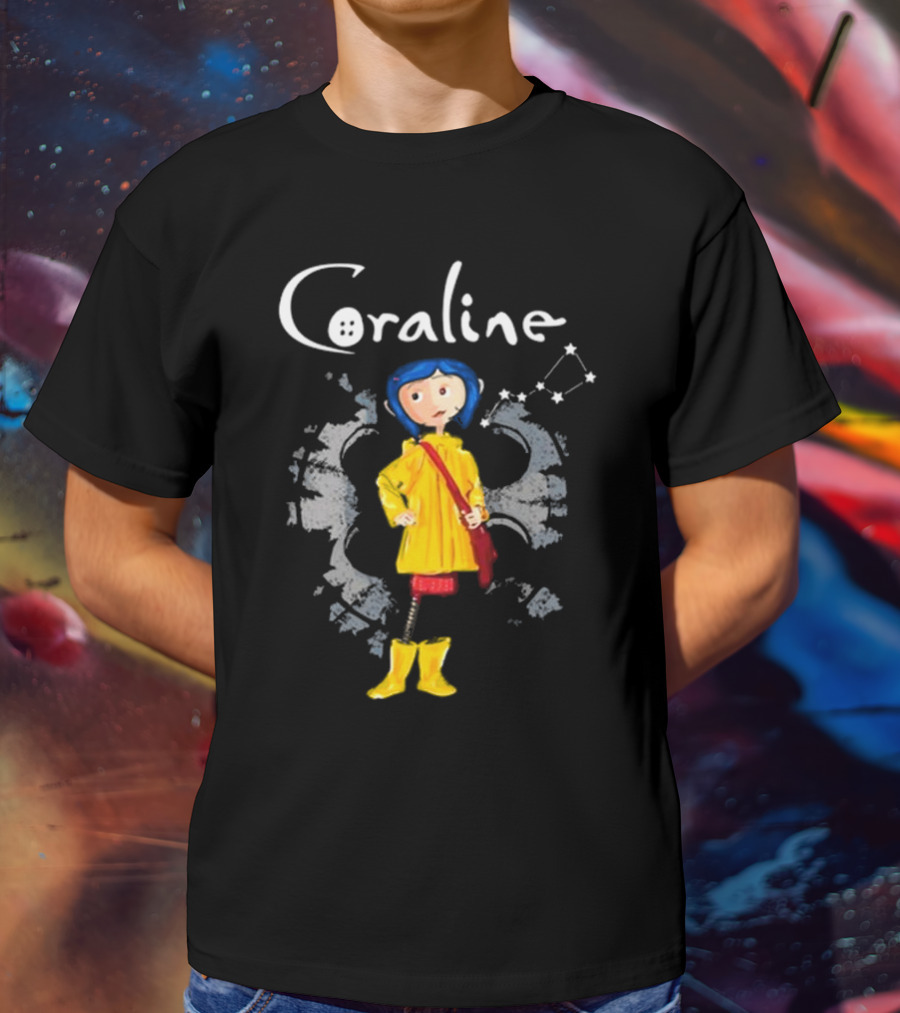 Coraline Character In Yellow Coat With Button Eyes And Star Constellation Background T-Shirt