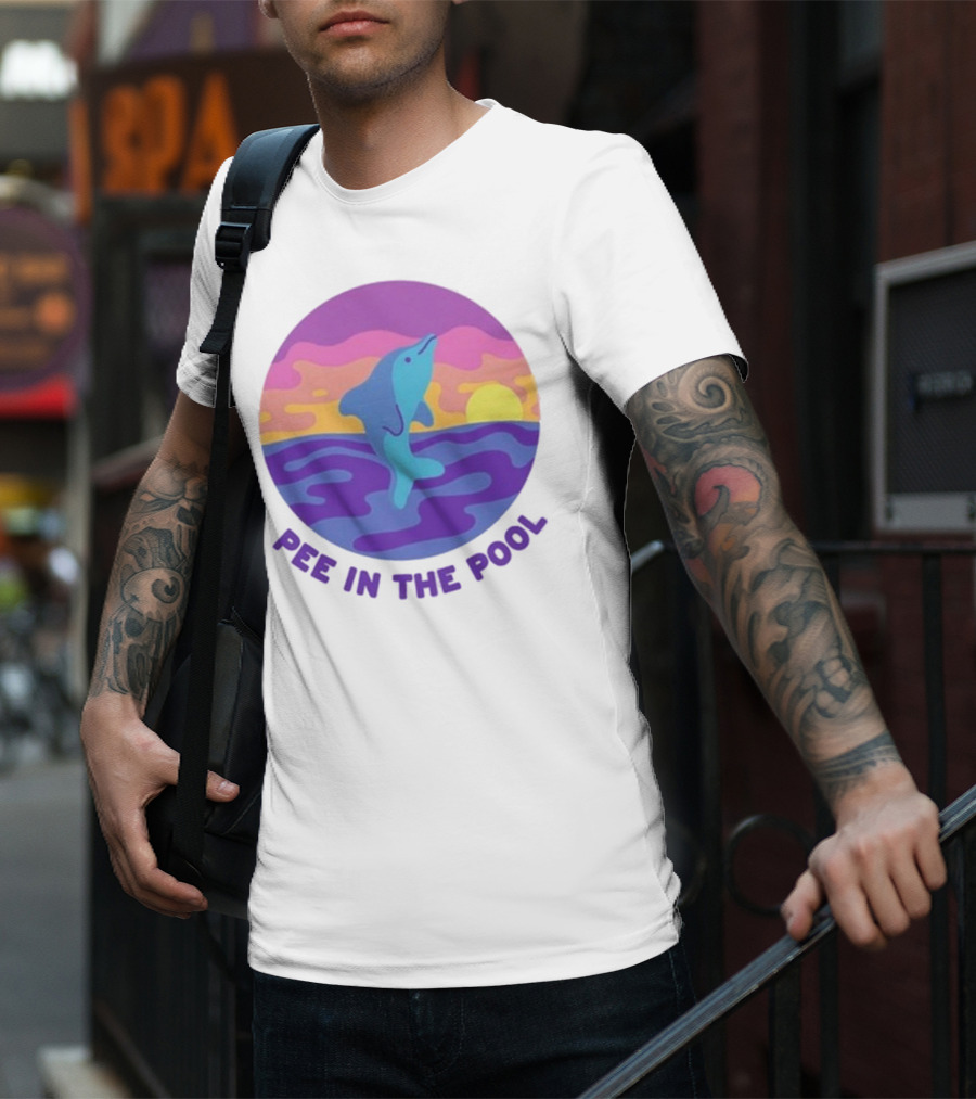 Pee In The Pool Dolphin Retro Sunset Ocean Scene T-Shirt