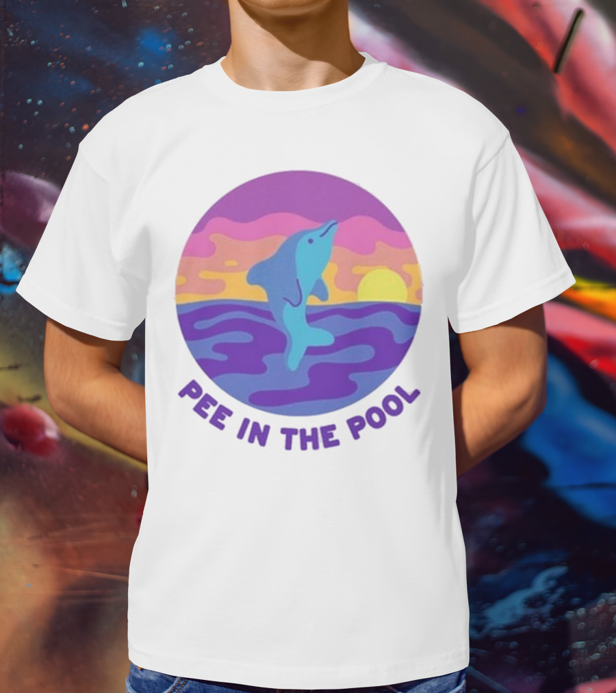Pee In The Pool Dolphin Retro Sunset Ocean Scene T-Shirt