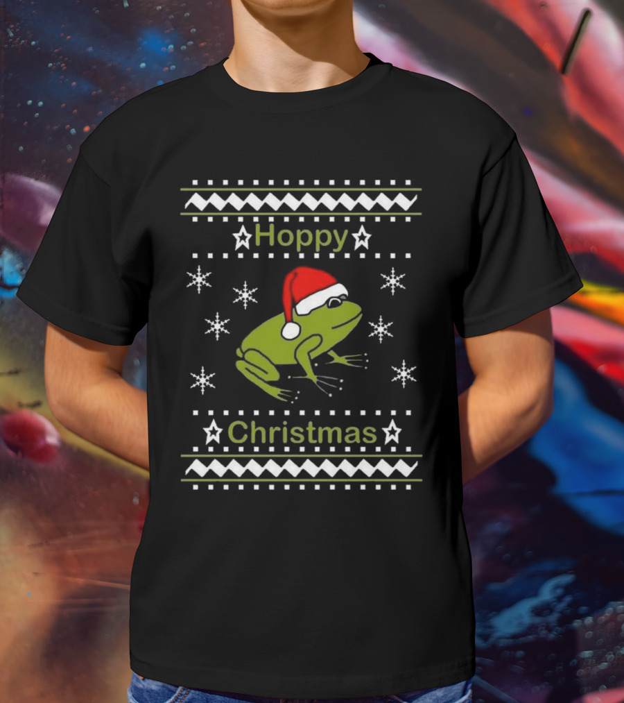 Hoppy Christmas Frog Wearing Santa Hat Surrounded By Snowflakes T-Shirt