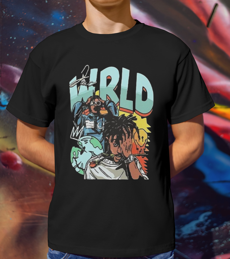 Juice WRLD Rapper Signature And Cartoon Globe With Crown T-Shirt
