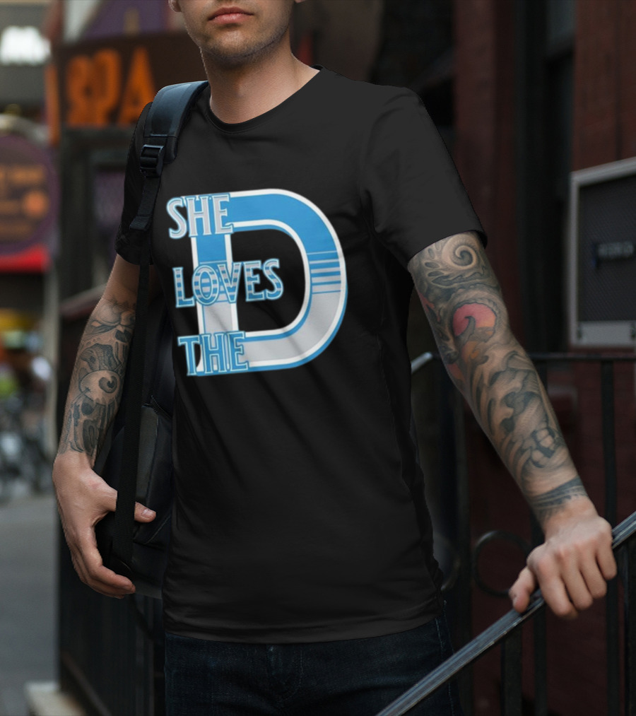 She Loves The D Detroit Blue Striped Lettering T-Shirt