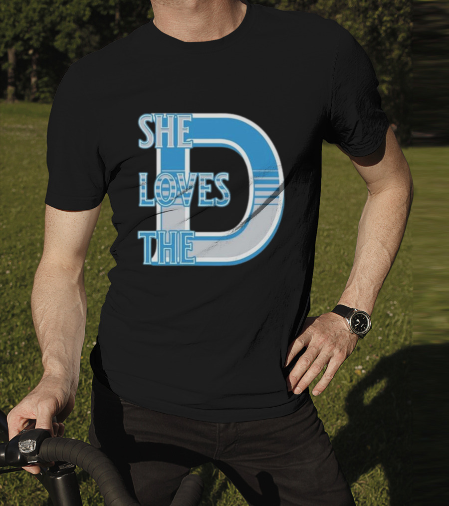 She Loves The D Detroit Blue Striped Lettering T-Shirt