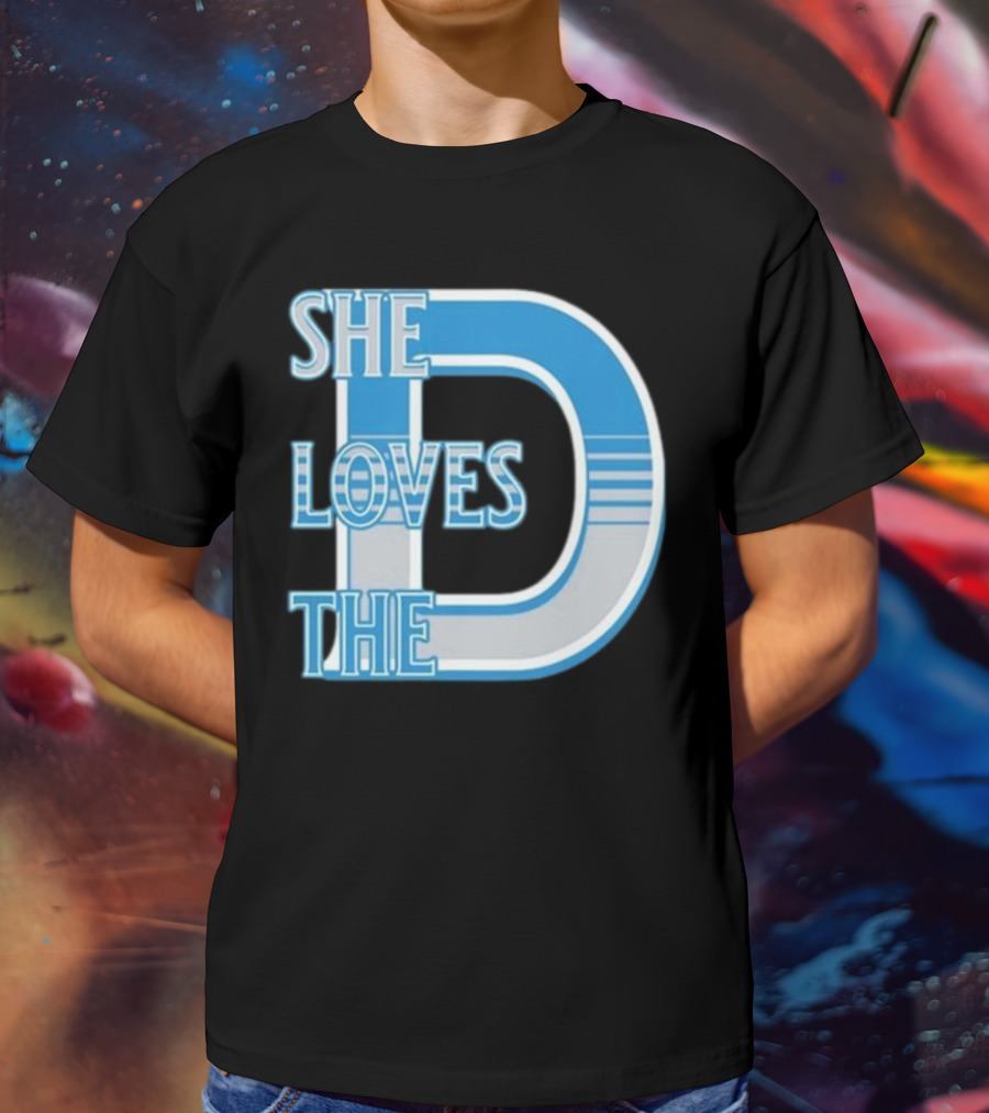 She Loves The D Detroit Blue Striped Lettering T-Shirt