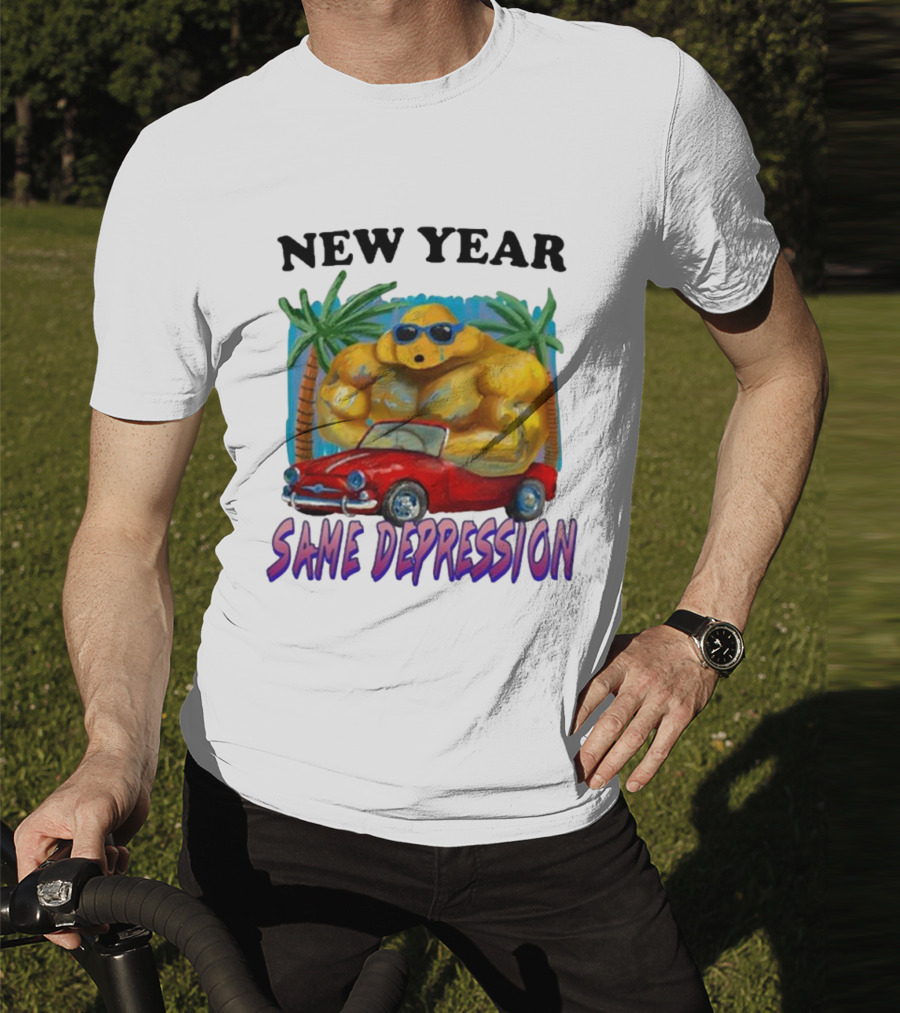 New Year Same Depression Buff Duck Red Convertible Palm Trees T-Shirt