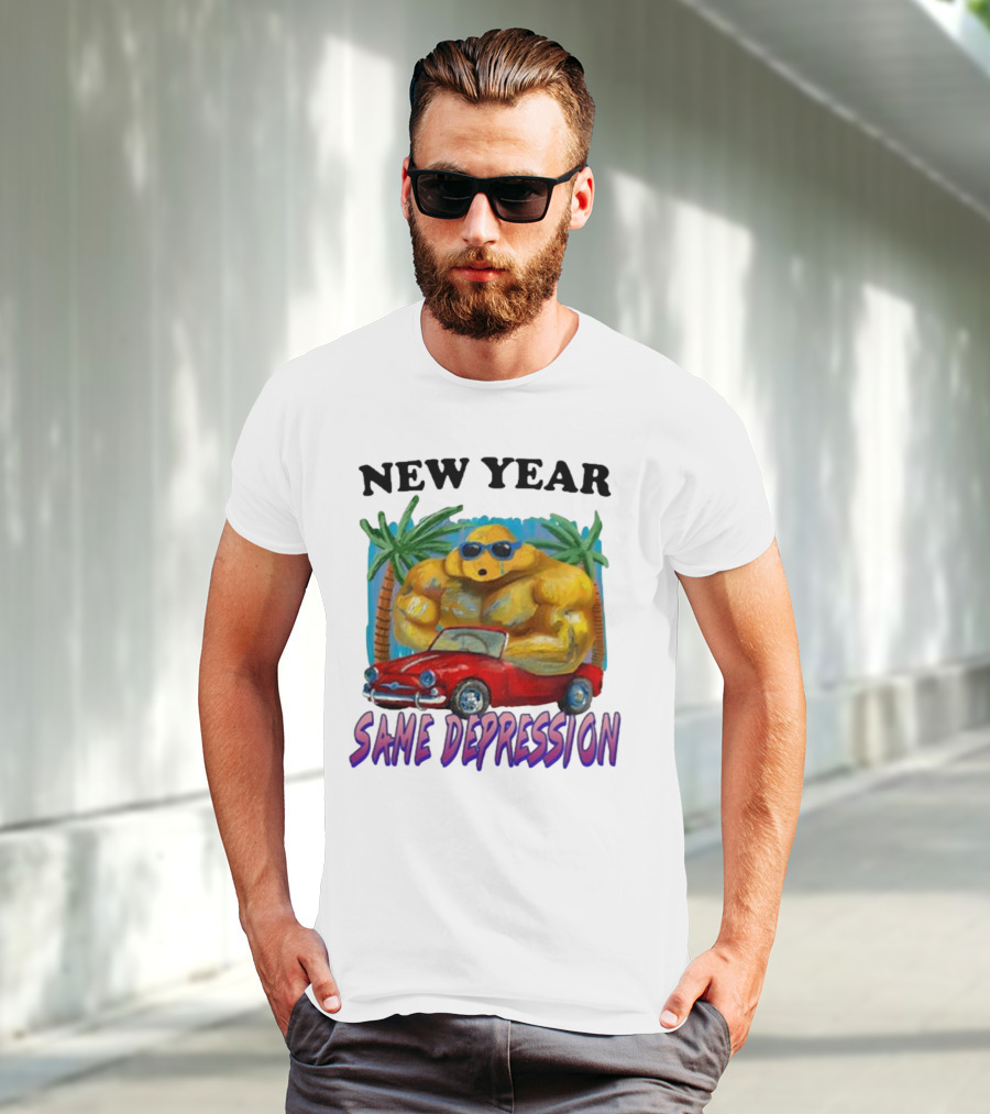 New Year Same Depression Buff Duck Red Convertible Palm Trees T-Shirt