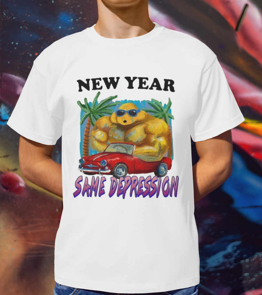New Year Same Depression Buff Duck Red Convertible Palm Trees T-Shirt