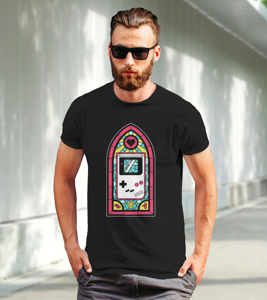Game Boy 8-Bit Stained Glass Heart Coin Pixel Art Window T-Shirt