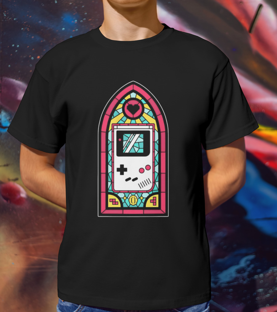 Game Boy 8-Bit Stained Glass Heart Coin Pixel Art Window T-Shirt