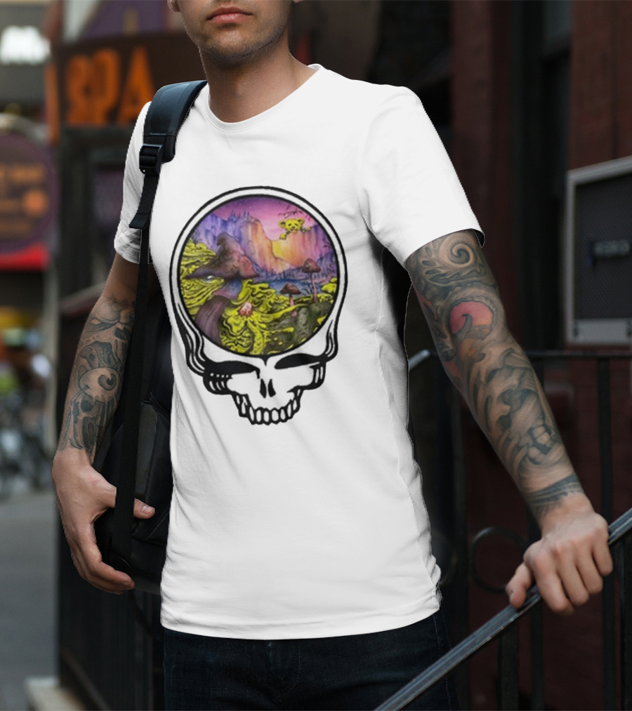 Grateful Dead Skull With Psychedelic Landscape And Mushrooms T-Shirt
