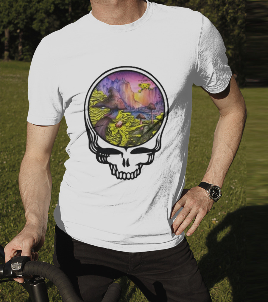 Grateful Dead Skull With Psychedelic Landscape And Mushrooms T-Shirt