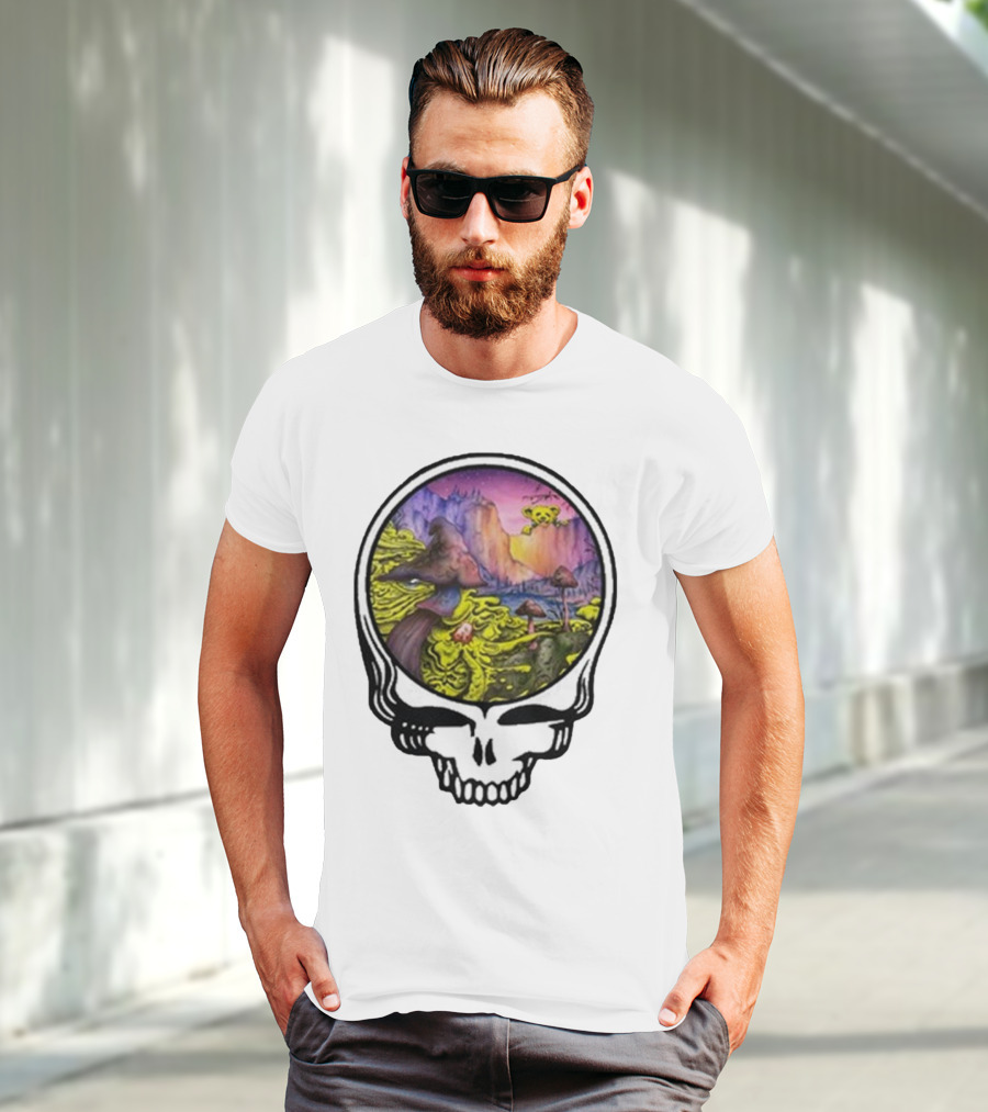 Grateful Dead Skull With Psychedelic Landscape And Mushrooms T-Shirt