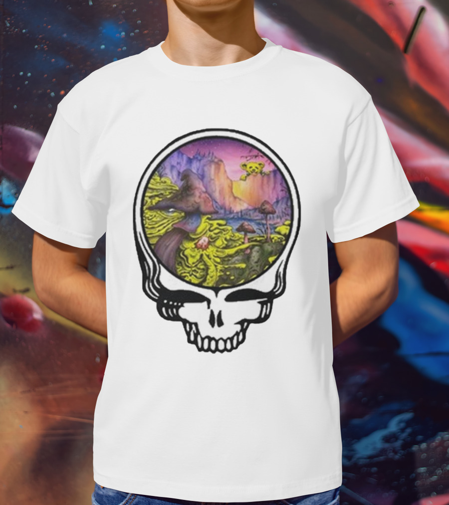 Grateful Dead Skull With Psychedelic Landscape And Mushrooms T-Shirt