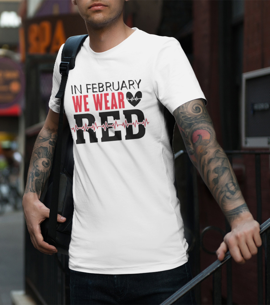 In February We Wear Red Heartbeat Motif T-Shirt