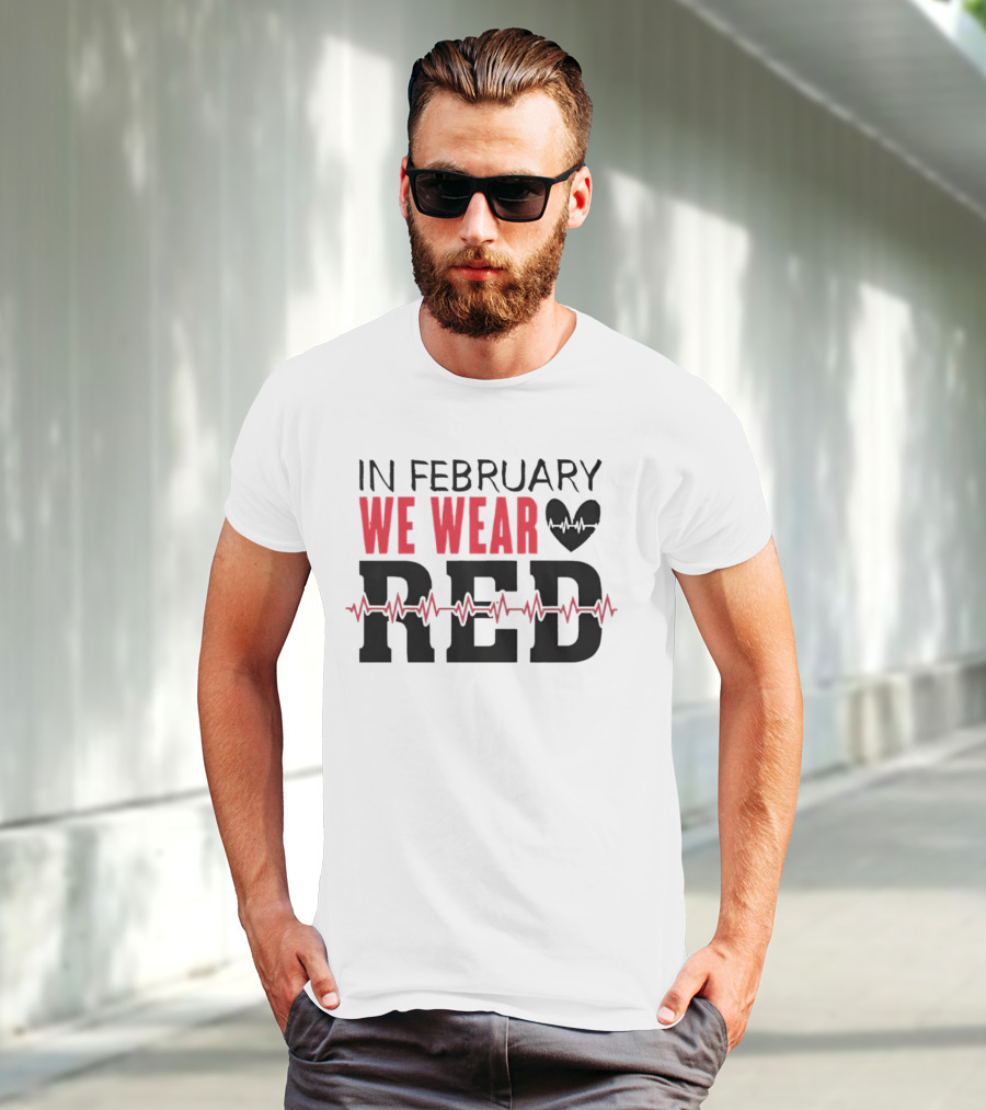 In February We Wear Red Heartbeat Motif T-Shirt