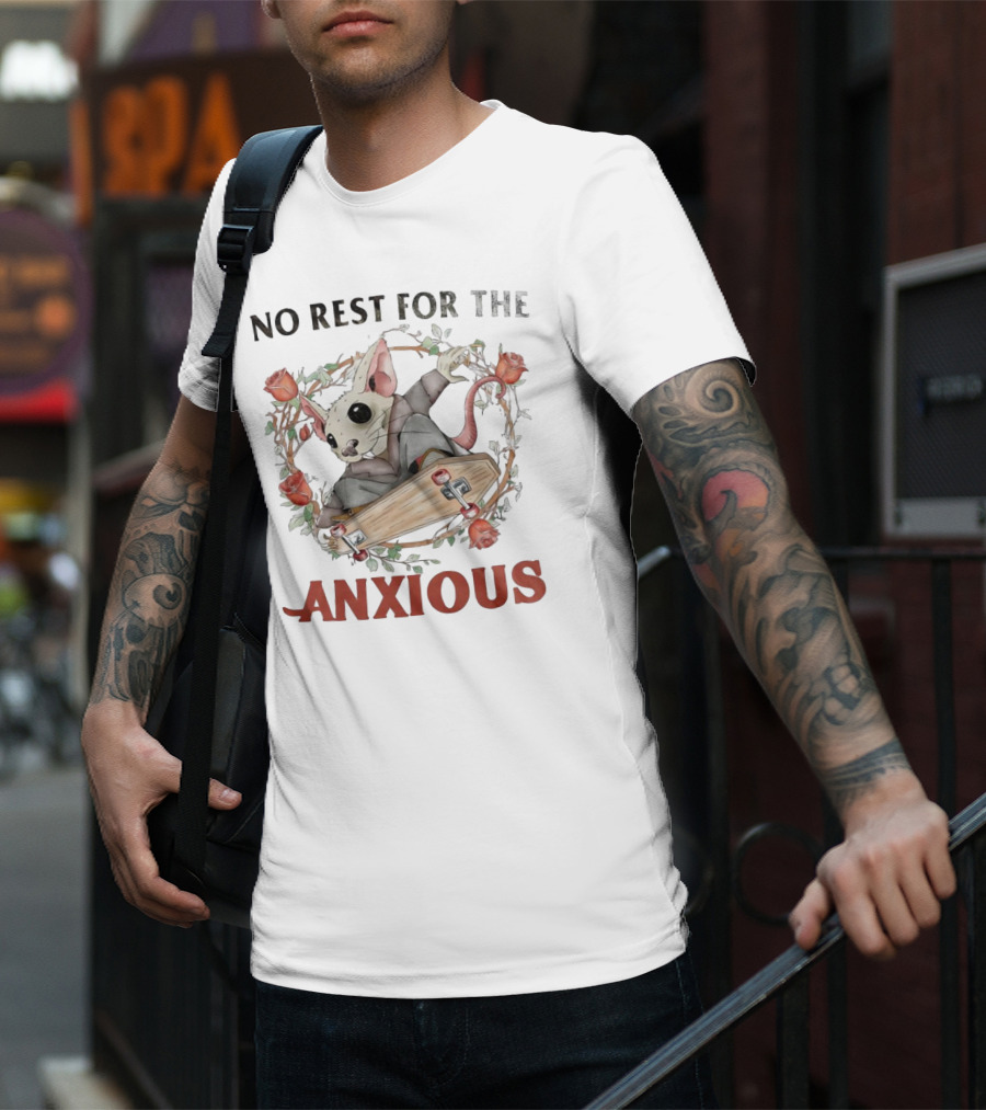 No Rest For The Anxious Rat In A Suit With Roses And Skateboard Coffin T-Shirt