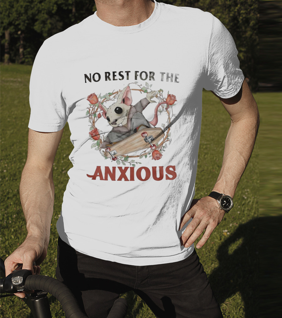 No Rest For The Anxious Rat In A Suit With Roses And Skateboard Coffin T-Shirt