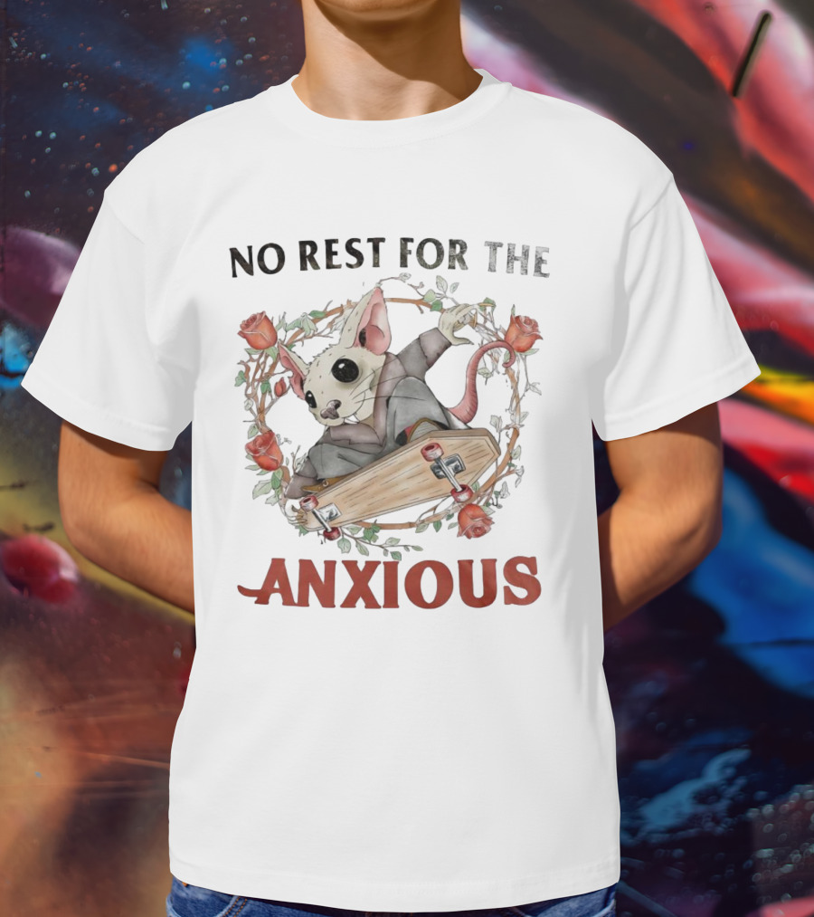 No Rest For The Anxious Rat In A Suit With Roses And Skateboard Coffin T-Shirt