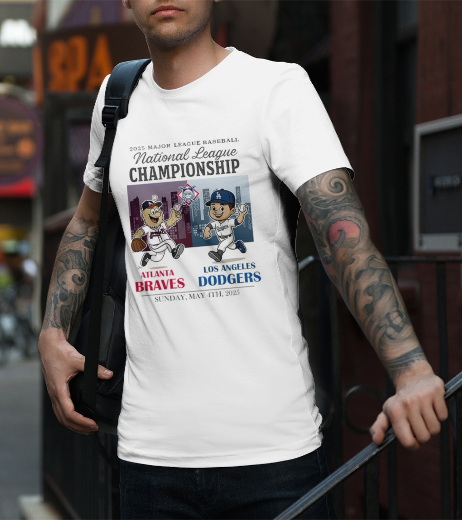 Atlanta Braves Los Angeles Dodgers National League 2025 Major League Baseball Skyline Cartoon Characters T-Shirt