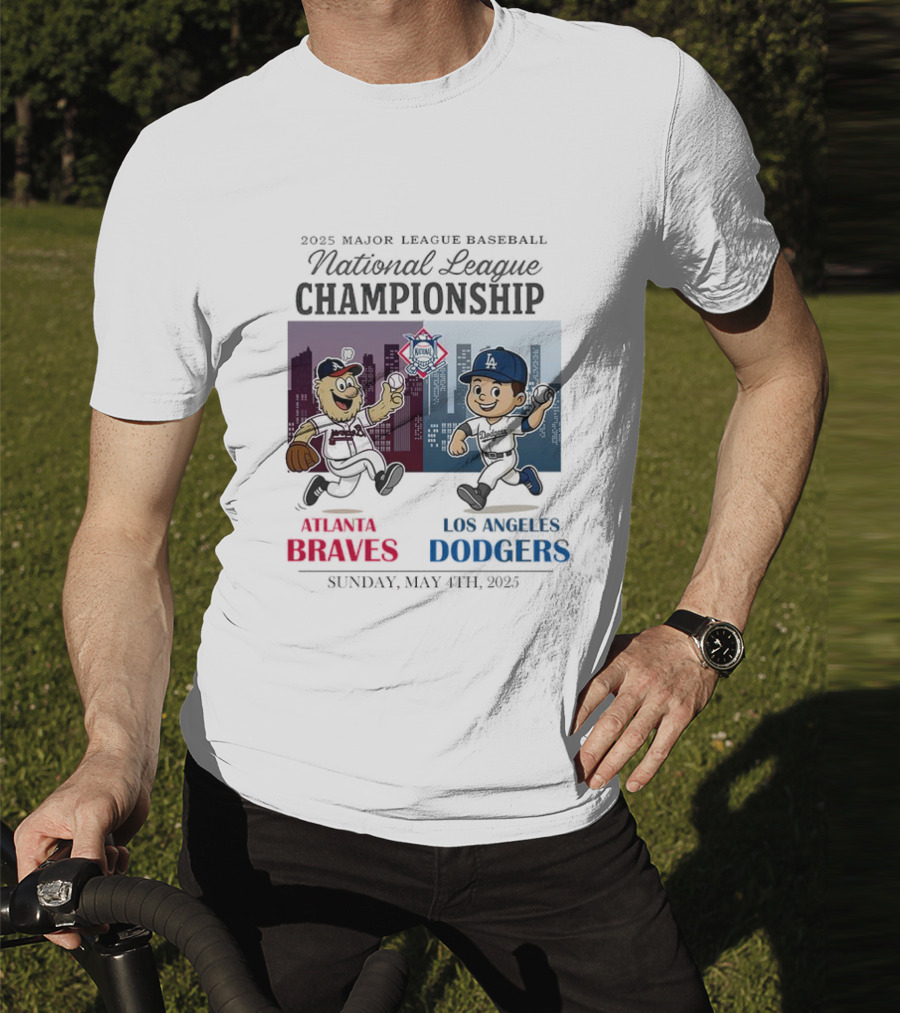 Atlanta Braves Los Angeles Dodgers National League 2025 Major League Baseball Skyline Cartoon Characters T-Shirt