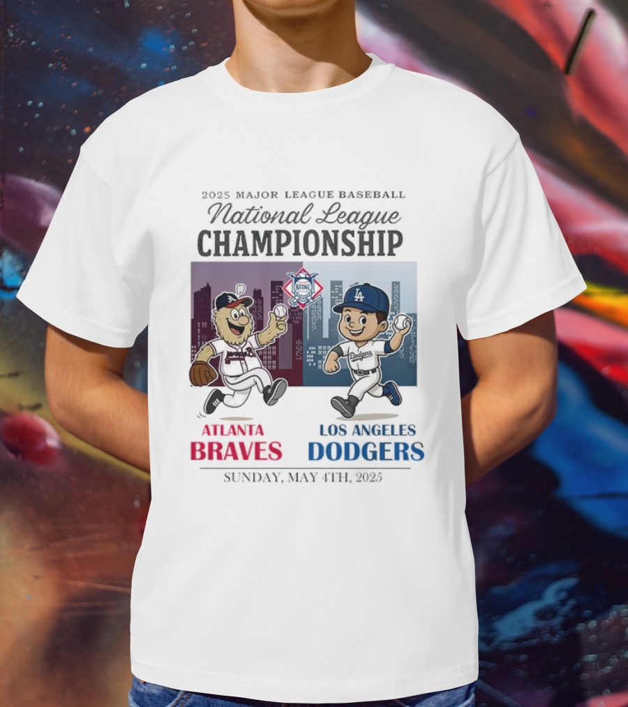Atlanta Braves Los Angeles Dodgers National League 2025 Major League Baseball Skyline Cartoon Characters T-Shirt